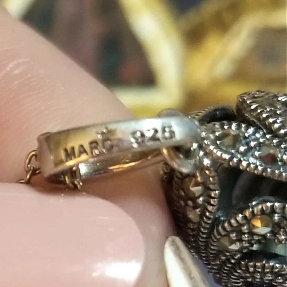 VTG Designer signed MARC Hematite Marcasite Egg Pendant Necklace - Picture 5 of 7